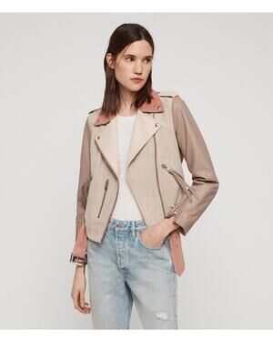 AllSaints Size 4 Balfern Biker Jacket Suede Leather Moto Cream Pink Mix